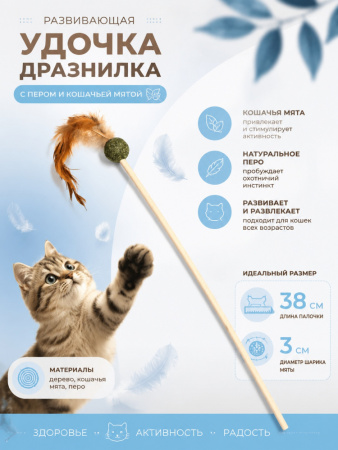 CW2303017 Удочка-дразнилка для кошек с пером и кошачьей мятой, 38см 