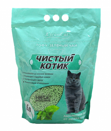 Наполнитель комкующийся "Чистый котик" ТОФУ зелёный чай, 6л