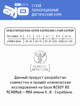 Сухой корм AJO Vet Dieta Struvite для взрослых кошек для взрослых кошек при мочекаменной болезни струвитного типа, 400г.
