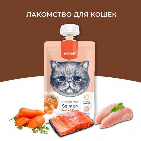 Лакомство Wanpy Cat для кошек, Мясной мусс из лосося и курицы с морковью, 90г