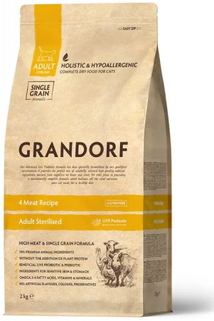 Сухой корм GRANDORF CAT для взрослых стерилизованных кошек, с чувствительным пищеварением или склонных к аллергии, 4 вида мяса, с пробиотиками, 2 кг