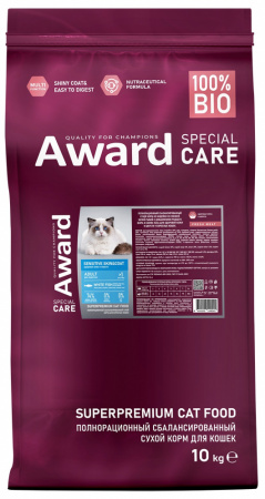 Сухой корм AWARD Special Care Sensitive Skin&Coat для взрослых кошек, для здоровой кожи и шерсти, со свежей белой рыбой, 10 кг