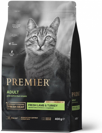 Сухой корм Premier Cat Lamb&Turkey ADULT взрослых кошек с нормальной активностью, чувствительным пищеварением или склонных к аллергии, ягненок с индейкой, 400г