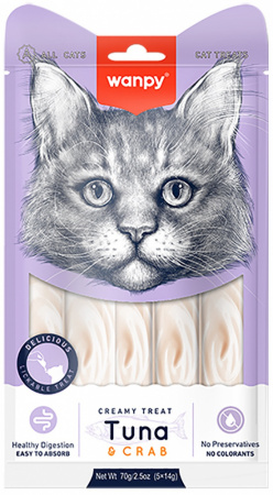 Лакомство Wanpy Cat для взрослых кошек, нежное пюре из тунца и краба, 70г