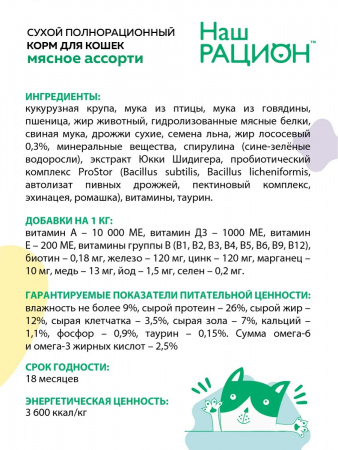 Сухой корм Наш Рацион для взрослых кошек мясное ассорти 10кг