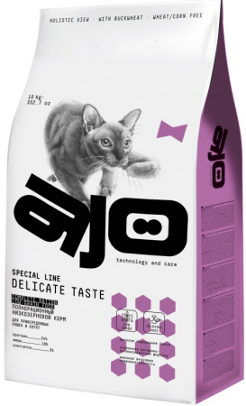 Сухой корм AJO Cat SPECIAL LINE DELICATE TASTE для привередливых кошек и котят, индейка курица свинина, 10кг
