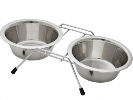 Миска металлическая, двойная, на подставке, VM-2700(G), для кошек и собак мелких пород, 2х360мл.