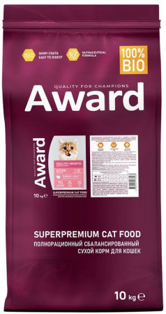 Сухой корм AWARD Healthy growth для котят, беременных и кормящих кошек, с индейкой и курицей, с добавлением рыбьего жира и семян льна, 10 кг