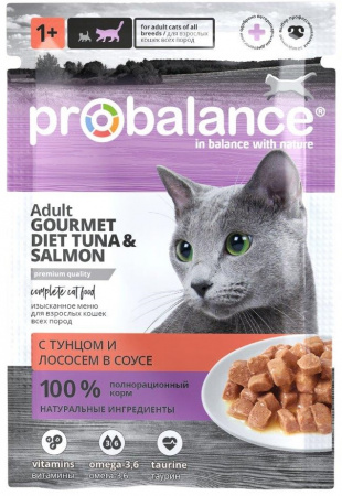 Влажный корм Probalancе Adult Gourmet Diet для взрослых кошек, c тунцом и лососем в соусе, 85г 
