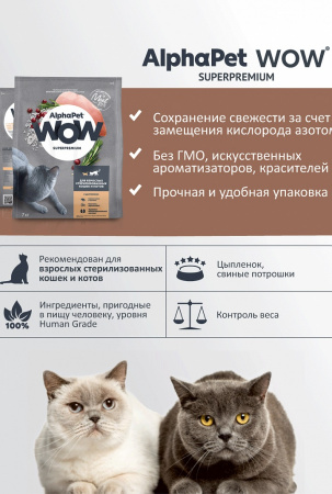 Сухой корм AlphaPet WOW Superpremium для взрослых стерилизованных кошек, с цыпленком, 350г