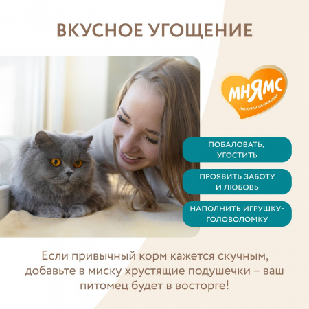 Лакомство Мнямс для стерилизованных кошек, хрустящие подушечки "Профилактика МКБ", с цыпленком и клюквой, 60г
