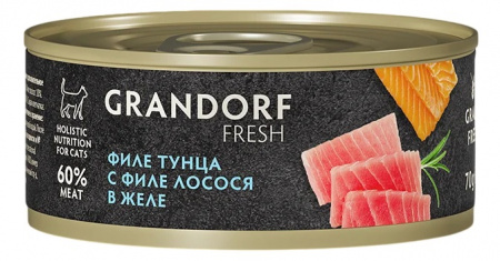 Влажный корм GRANDORF FRESH для кошек всех возрастов, филе тунца с филе лосося в желе, 70г