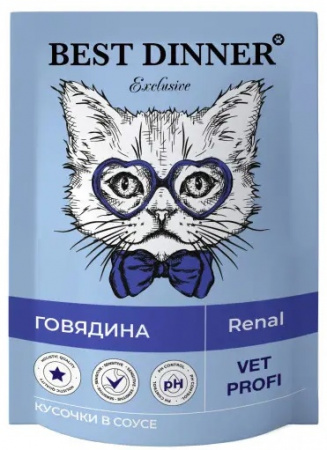Влажный корм Best Dinner Renal Exclusive Vet Profi для взрослых кошек кусочки в соусе с говядиной 85г