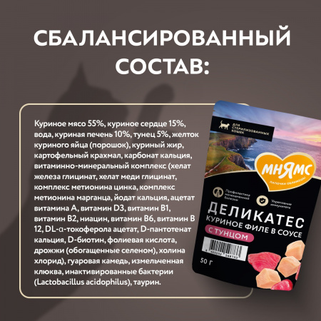 Влажный корм Мнямс Деликатес для стерилизованных кошек, куриное филе с тунцом в соусе, 50г