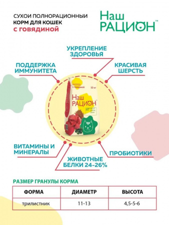 Сухой корм Наш Рацион для взрослых кошек с говядиной, 10кг