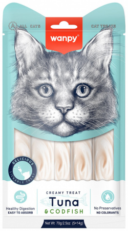 Лакомство Wanpy Cat для кошек, нежное пюре из тунца и трески, 70г