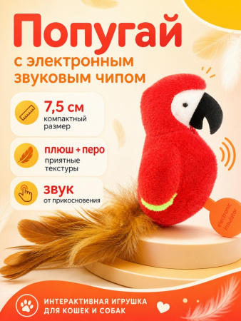 CT2304012 Игрушка для кошек Попугай с электронным звуковым чипом "Чистый котик", 7.5см