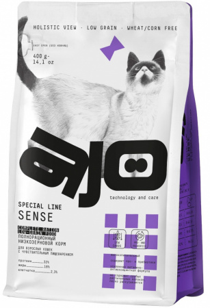 Сухой корм AJO Sense, для для кошек с чувствительным пищеварением, с курицей и олениной, 400г