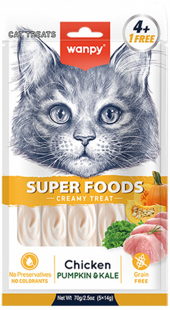 Лакомство Wanpy Cat для взрослых кошек, Нежное пюре из курицы с тыквой и кейлом, 70г