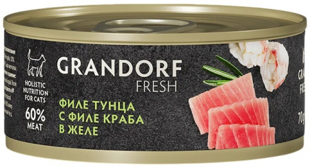 Влажный корм GRANDORF FRESH для кошек всех возрастов, филе тунца с филе краба в желе, 70г