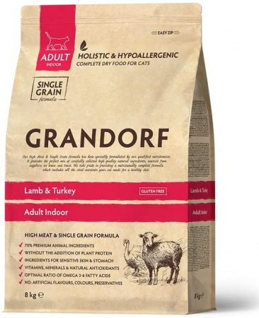 Сухой корм GRANDORF CAT для взрослых кошек, с чувствительным пищеварением или склонных к аллергии, ягнёнок с индейкой, 8 кг