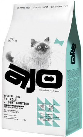 Сухой корм AJO Cat SPECIAL LINE STERILE WEIGHT CONTROL для взрослых стерилизованных кошек контроль веса, курица свинина, 10кг