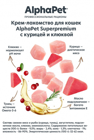 Лакомство-крем AlphaPet Superpremium для взрослых кошек, с курицей и клюквой, 48г