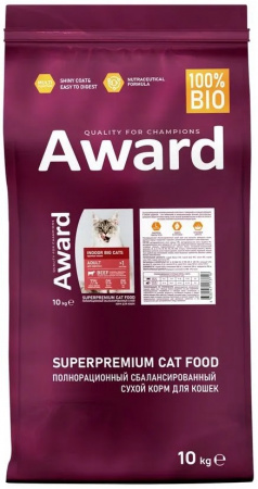 Сухой корм AWARD Indoor Big cats для взрослых кошек крупных пород, с говядиной и курицей, с добавлением брокколи и юкки Шидигера, 10 кг