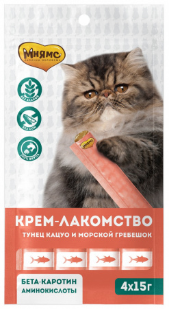 Лакомство-крем Мнямс для кошек с тунцом Кацуо и морским гребешком 15г.