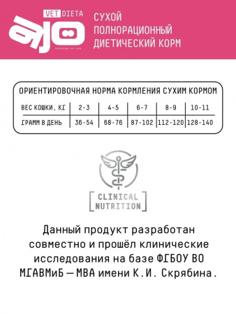 Сухой корм AJO Vet Dieta Gastro для кошек и котят, при нарушениях пищеварения, 400г