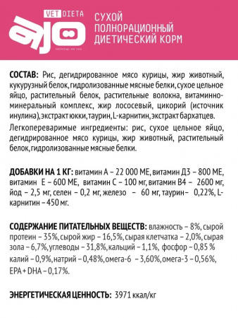 Сухой корм AJO Vet Dieta Gastro для кошек и котят, при нарушениях пищеварения, 400г