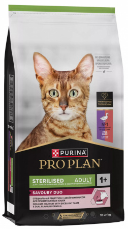 Сухой корм Purina PRO PLAN Sterilised Savoury Duo для взрослых стерилизованных привередливых кошек, с уткой и с печенью, 10 кг
