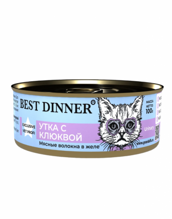 Влажный корм Best Dinner Exclusive Vet Profi Urinary, для кастрированных котов и стерилизованных кошек, для профилактики мочекаменной болезни, утка с клюквой в желе, 100г