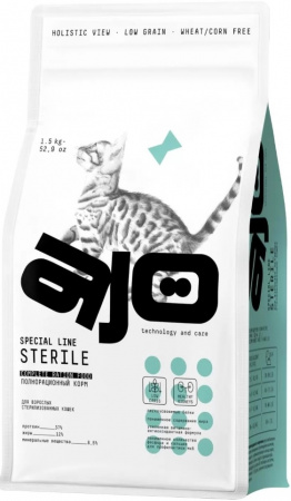 Сухой корм AJO Cat SPECIAL LINE STERILE для активных стерилизованных кошек с высоким содержанием белка, курица индейка, 1.5кг