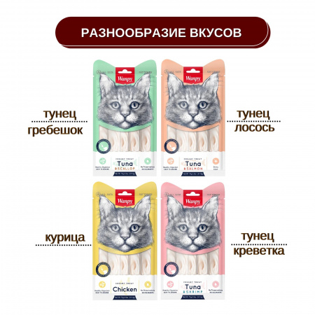 Лакомство Wanpy Cat для кошек, Нежное пюре из тунца и лосося, 70г