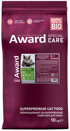 Сухой корм AWARD Special Care Weight Control для взрослых стерилизованных кошек, контроль веса, со свежим мясом кролика, 10 кг