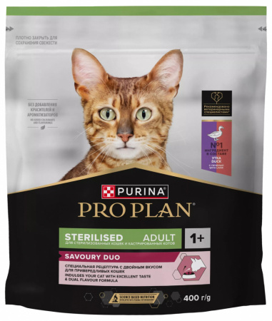 Сухой корм Purina PRO PLAN Sterilised Savoury Duo для взрослых стерилизованных кошек, с уткой и печенью, 400 г