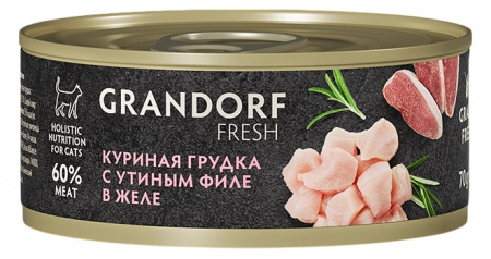 Влажный корм GRANDORF FRESH для кошек всех возрастов, куриная грудка с утиным филе в желе, 70г